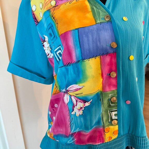 Vintage Patchwork Button-Up blouse \ Retro 80's Blouse \ Blue Button-Up - Picture 5 of 11